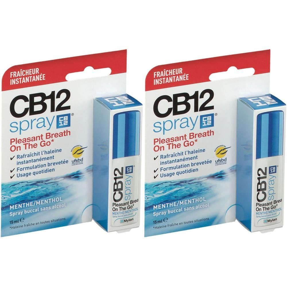Deux paquets de CB12 Spray bukkal, 15ml. Emballage bleu et blanc avec un rabat rouge.