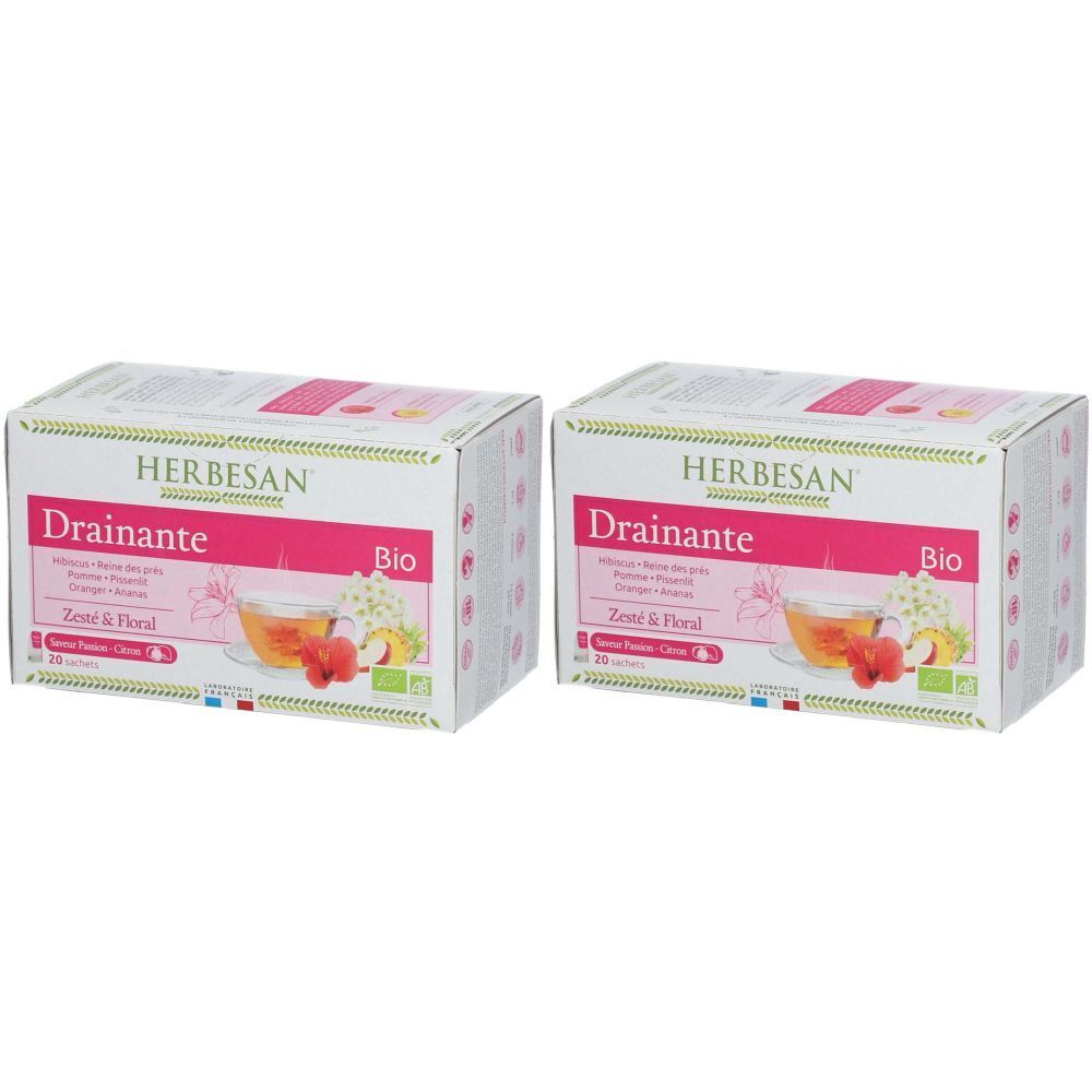 Zwei Herbesan® Bio Kräuterteepackungen. Aufdruck: Draine, Bio-Siegel, Zesté & Floral. Abbildung von Tee mit Früchten.