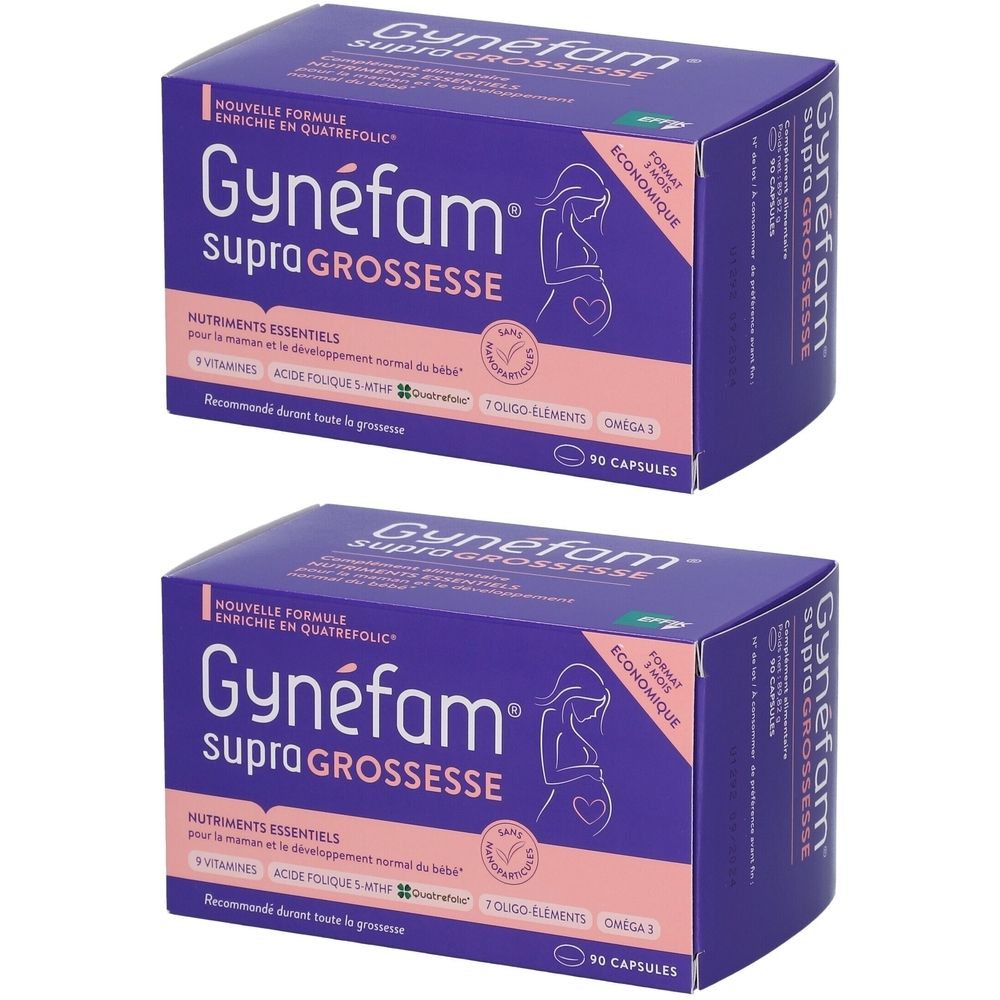 Zwei lila Schachteln mit der Aufschrift Gynéfam supraGROSSESSE. Aufschrift: Nährstoffe für Mutter und Baby. 90 Kapseln.