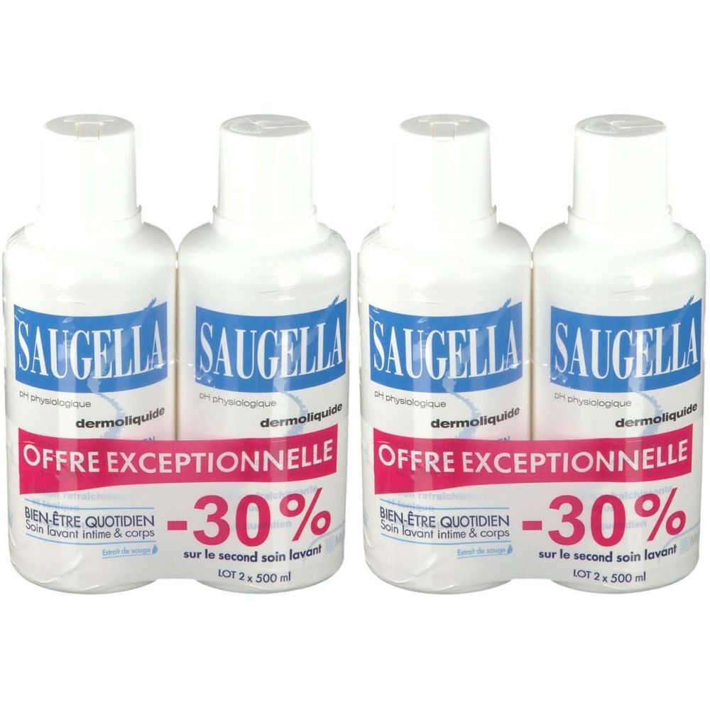 Quatre flacons de Saugella Dermoliquide. Inscription "Offre Exceptionnelle" et "-30%".