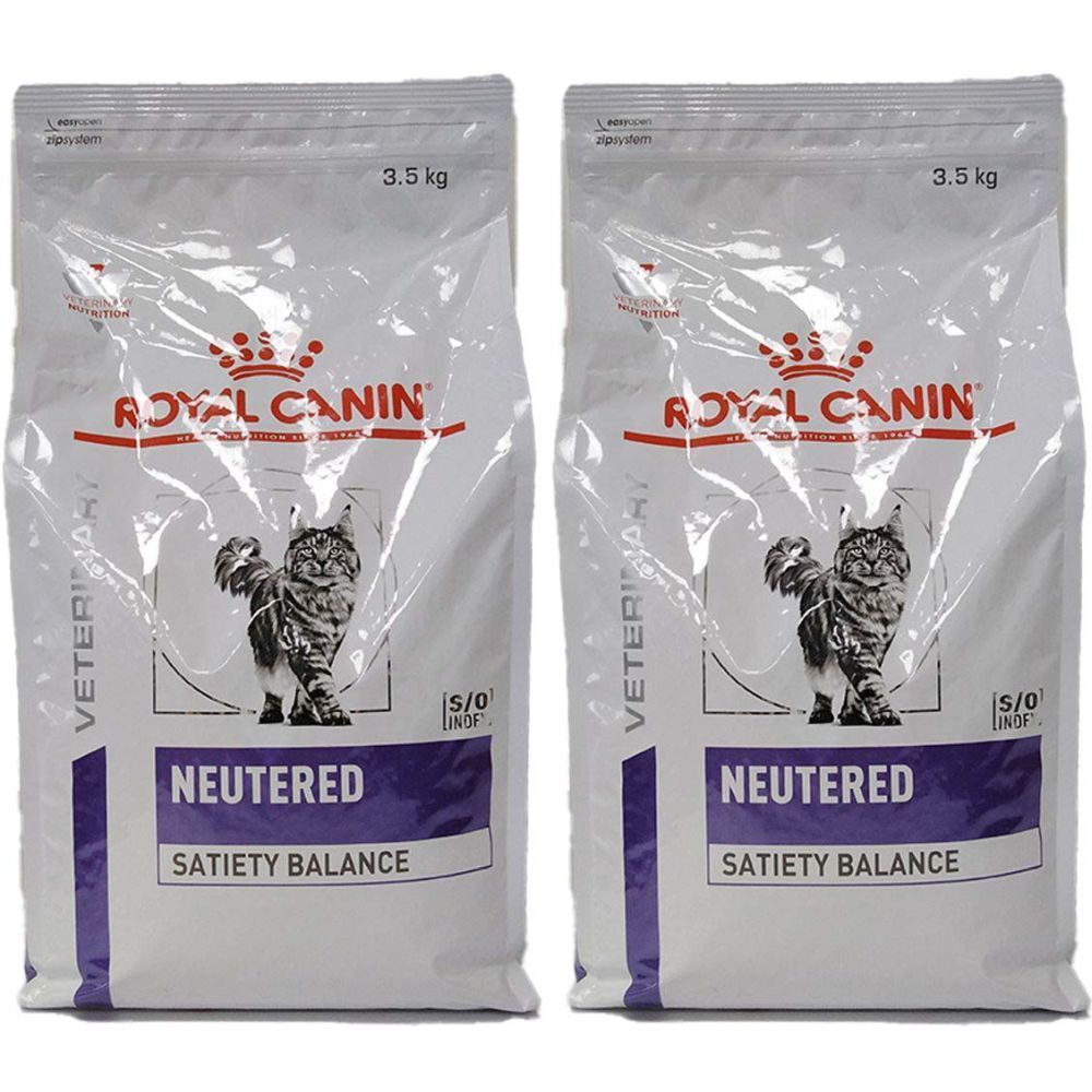 Zwei Beutel Royal Canin Neutered Sättigungsbalance Chat. Weiße Verpackung mit Logo, Katze, Text. 3,5 kg.