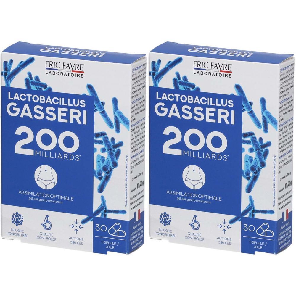 Zwei blaue Schachteln mit der Aufschrift "LACTOBACILLUS GASSERI 200 MILLIARDS". Marke ERIC FAVRE.