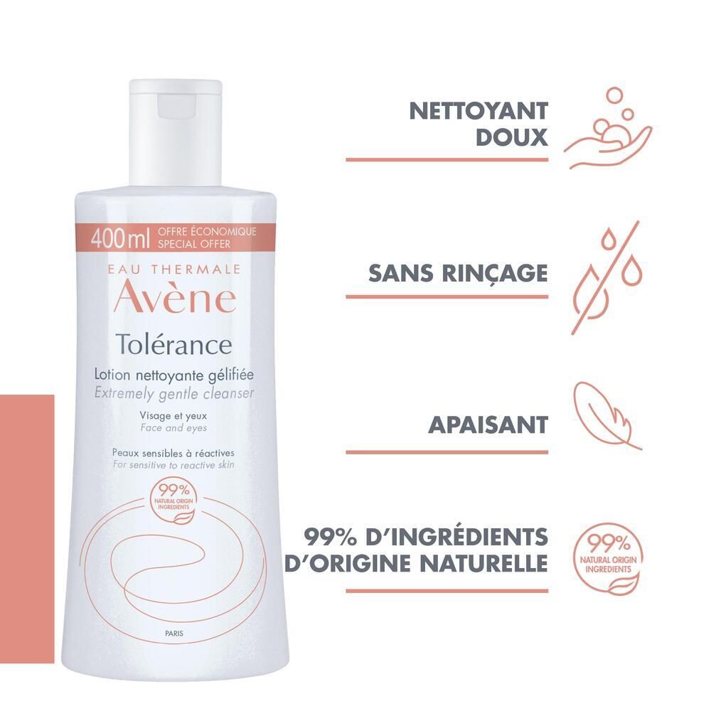 Avène Tolérance Reinigungslotion-Flasche mit Text. Text: sanft reinigend, ohne Ausspülen, beruhigend, 99% natürliche Inhaltsstoffe.