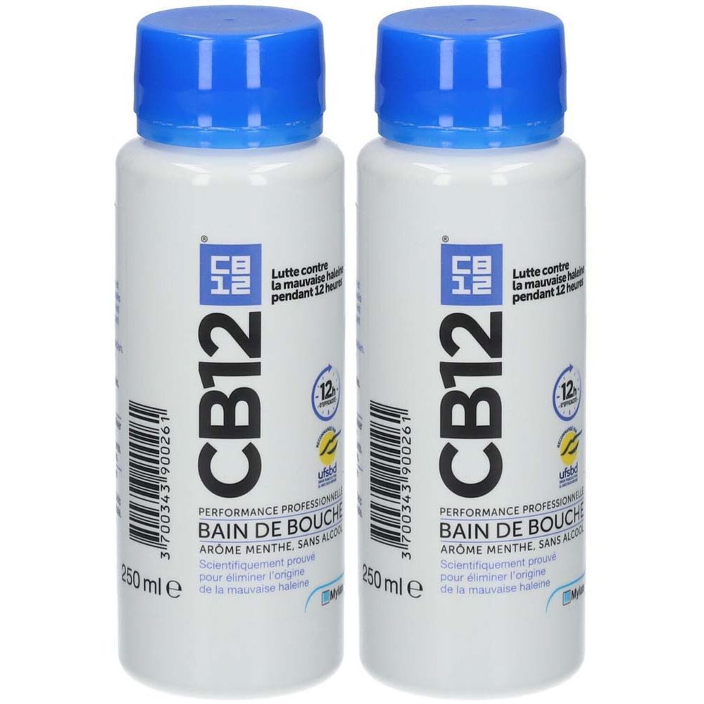 Deux flacons de bain de bouche CB12 avec bouchons bleus. Inscription : Bain de bouche, arôme menthe, effet 12 heures.