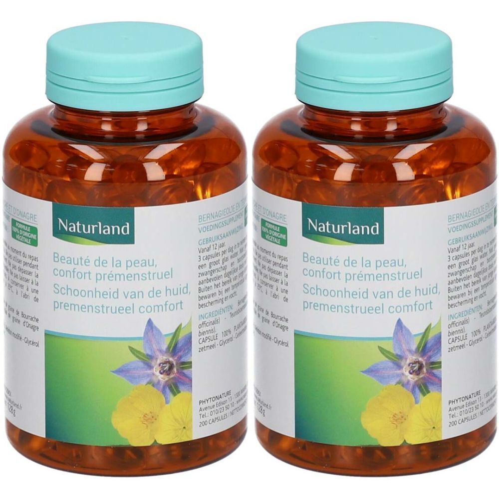 Deux flacons bruns avec des couvercles turquoise. Les étiquettes indiquent "Naturland" et "Beauté de la peau, confort prémenstruel".