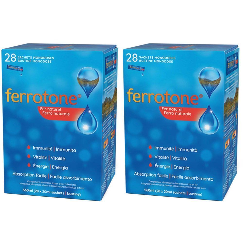 Deux boîtes bleues avec le logo "ferrotone". Texte : "28 Sachets Monodoses". Contient "Fer naturel". Autres informations sur les ingrédients.