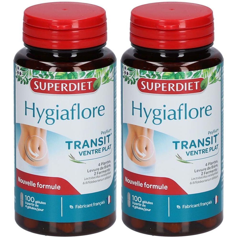 Zwei braune Flaschen mit roten Deckeln. Aufschrift: SUPERDIET Hygiaflore, Transit, Ventre Plat. Neue Formel. 100 Kapseln.