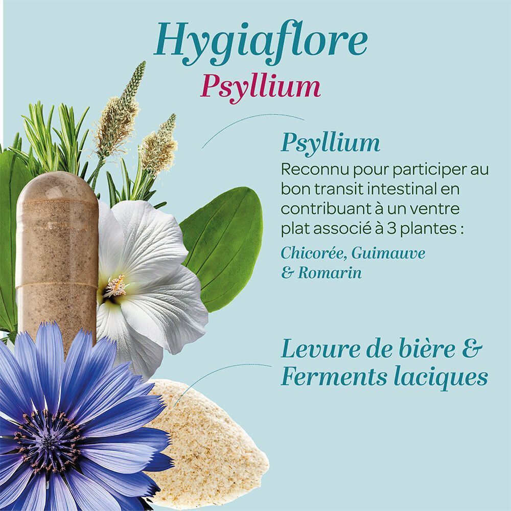 Gélule SUPERDIET Hygiaflore avec psyllium, chicorée, guimauve et romarin, entourée de plantes.