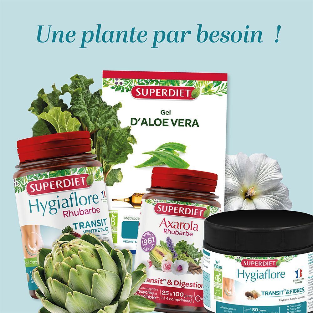 SUPERDIET Hygiaflore et autres produits SUPERDIET avec des ingrédients frais comme l'artichaut et l'aloe vera.