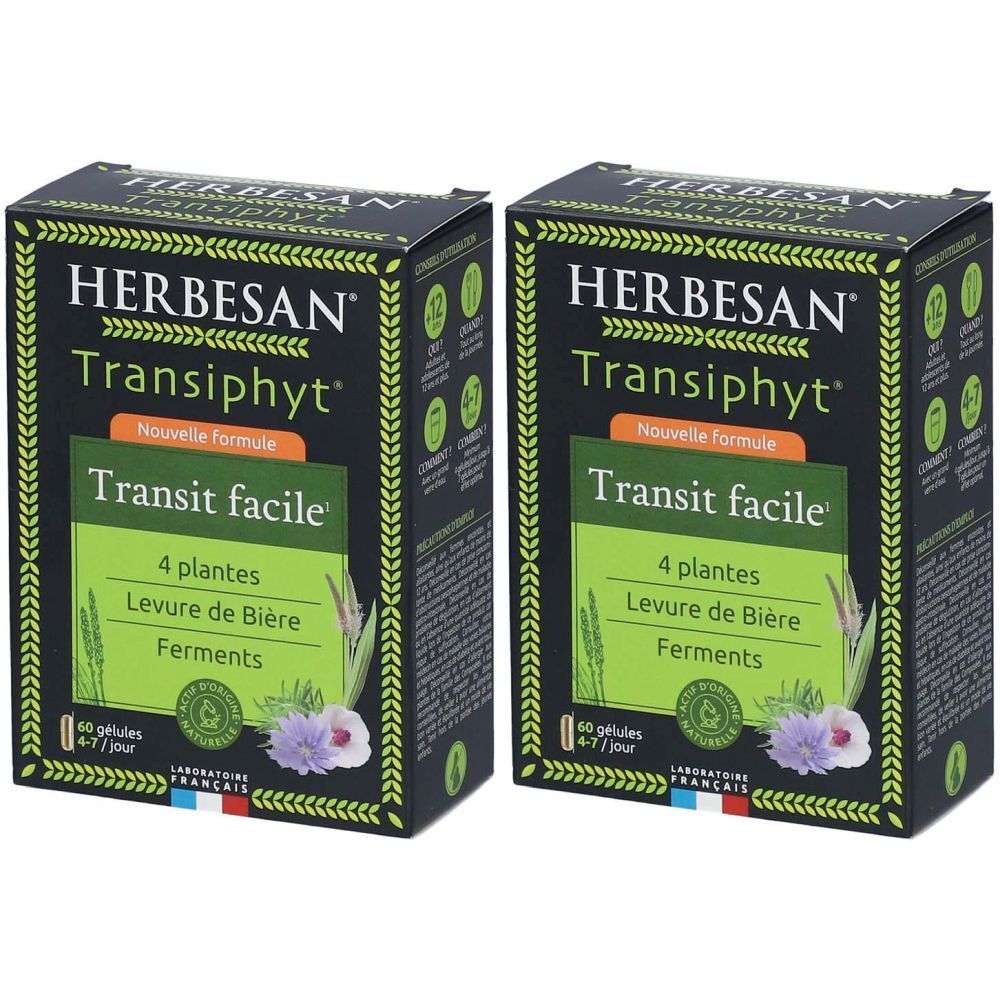 Zwei Schachteln HERBESAN Transiphyt. Schwarze Verpackung mit grünen und weißen Akzenten. Text: Transit facile, 4 plantes, Levure de Bière, Ferments.