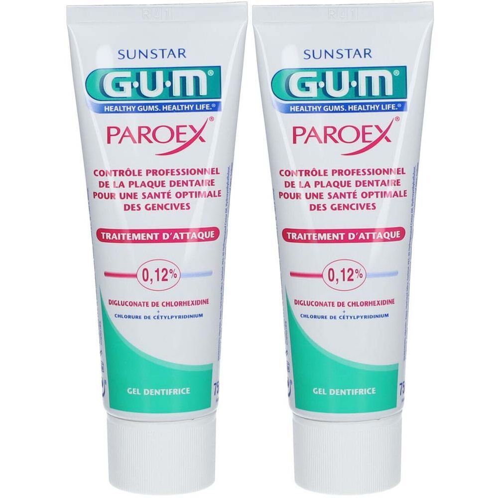 Zwei Tuben Gel Dentifrice. Aufschrift: GUM Paroex, 0,12%. Text in Französisch. Hersteller: Sunstar. Grün-weiße Verpackung.