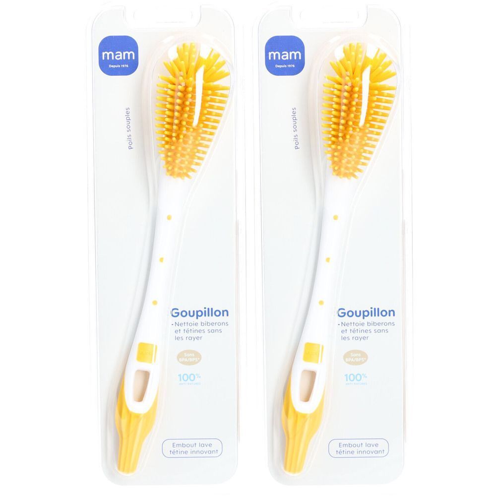 Zwei Flaschenbürsten in Verpackung. Gelbe Borsten, weißer Griff mit gelben Akzenten. Marke: mam.