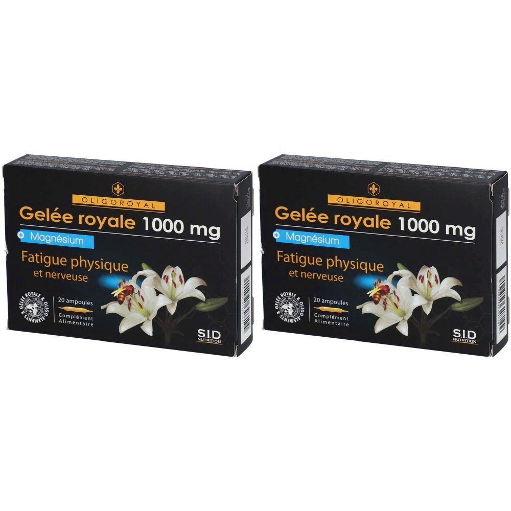 Deux boîtes de "Gelée royale 1000 mg". Emballage noir avec motif floral et texte blanc et jaune. Marque SID.