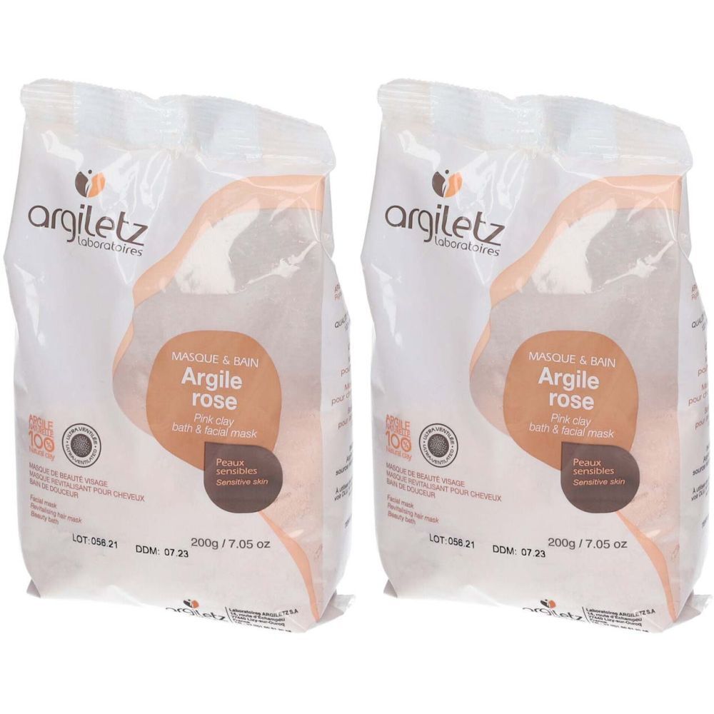 Zwei Beutel Argiletz Rosa Ton. Aufschrift: Argile rose, Gesichtsmaske. Für empfindliche Haut. 200g.
