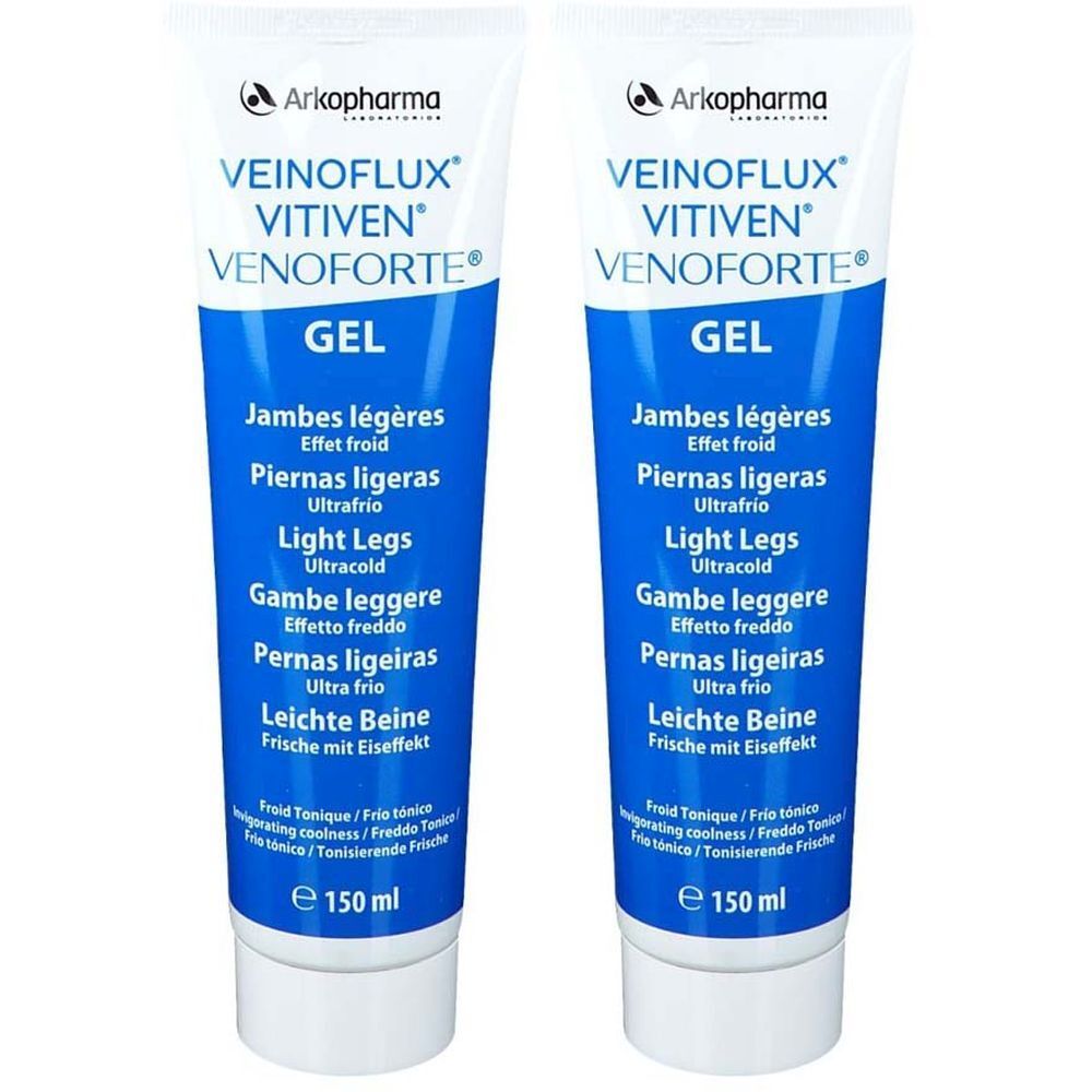Zwei Tuben VEINOFLUX Gel. Blaue Tube mit weißer Schrift. Enthält Produktnamen, Logos und Text in mehreren Sprachen.