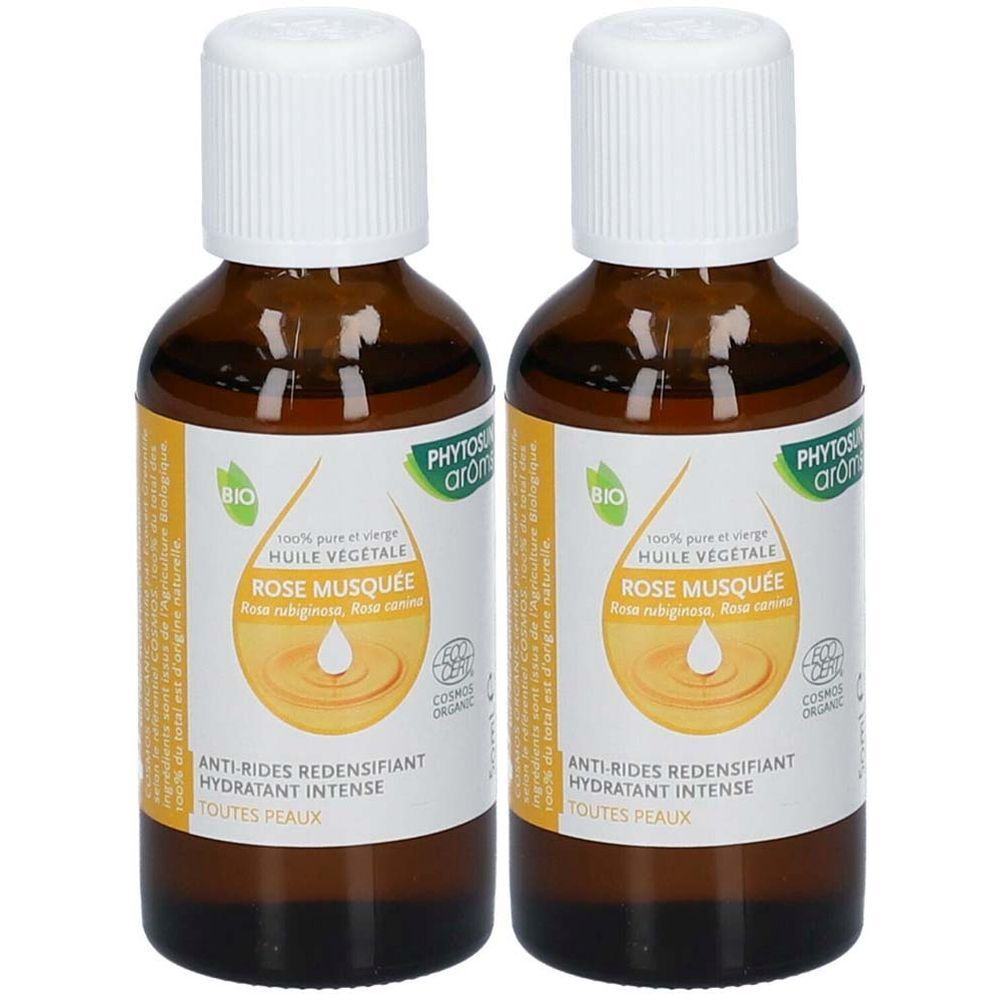 Zwei braune Flaschen mit weißem Deckel. Auf den Etiketten steht "Huile Végétale Rose Musquée" und "Bio".