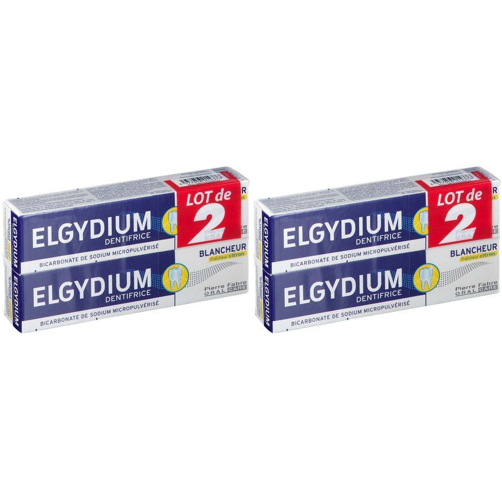 Deux boîtes de dentifrice. Boîtes bleues et blanches avec texte: ELGYDIUM, LOT de 2, BLANCHEUR.