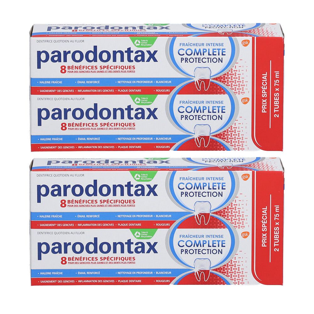 Zwei Packungen Zahnpasta, Marke parodontax. Aufschrift: Fraîcheur Intense Complete Protection. Enthält 2 Tuben à 75 ml.