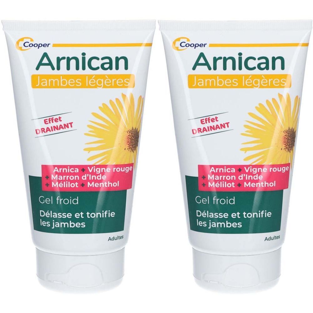 Deux tubes de gel. Inscription: Arnican, Jambes légères, Effet drainant. Ingrédients: Arnica, Vigne rouge, Marron d'Inde, Mélilot, Menthol. Gel froid.