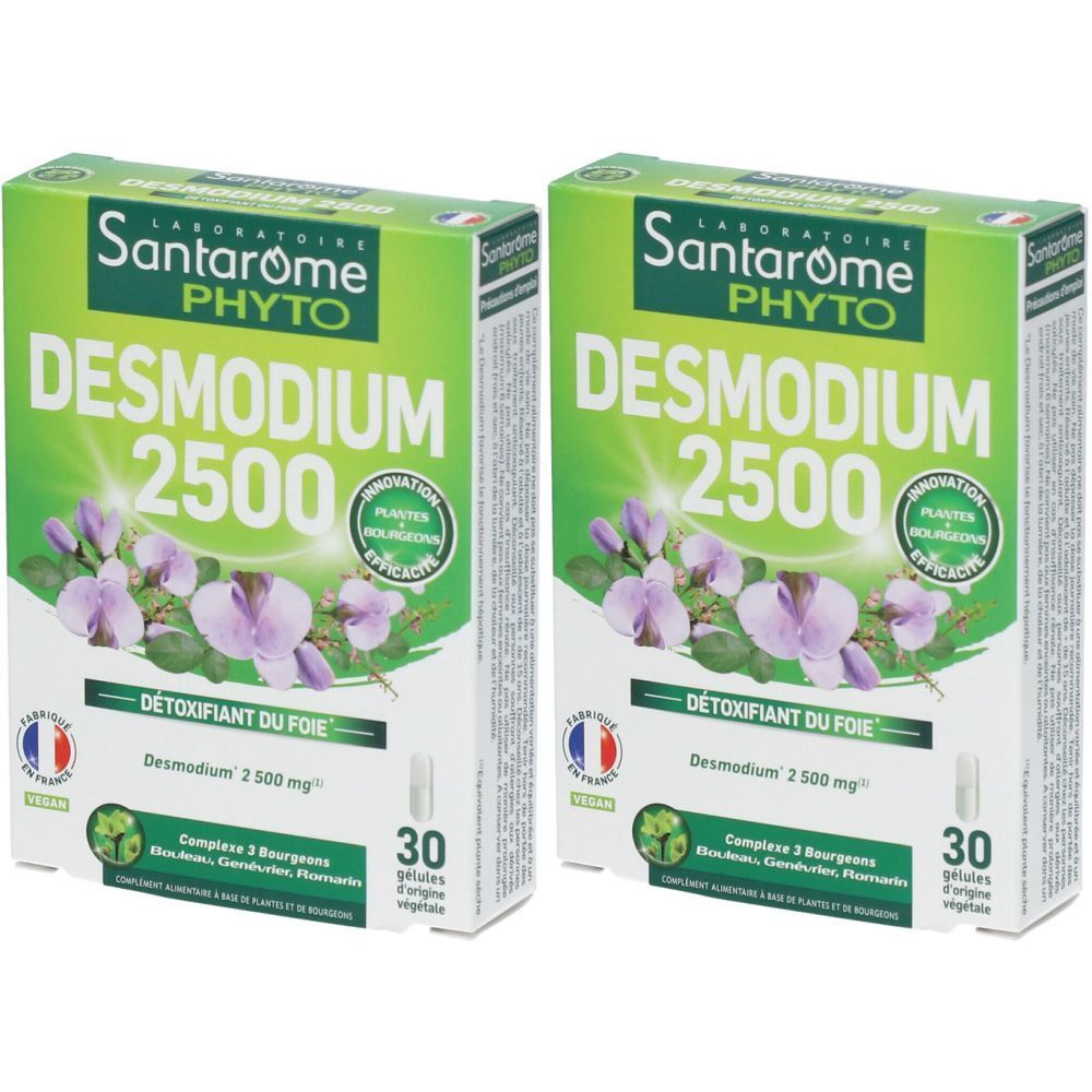 Deux boîtes de Santarome Phyto Desmodium 2500. Emballage vert avec nom du produit, fleurs et 30 gélules.