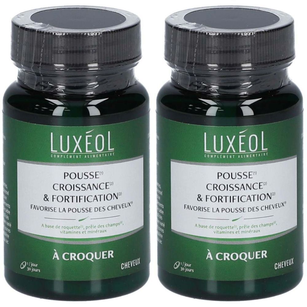 Zwei Flaschen mit schwarzem Deckel und grünem Etikett. Aufschrift: LUXÉOL, Pousse, Croissance & Fortification. "À croquer".