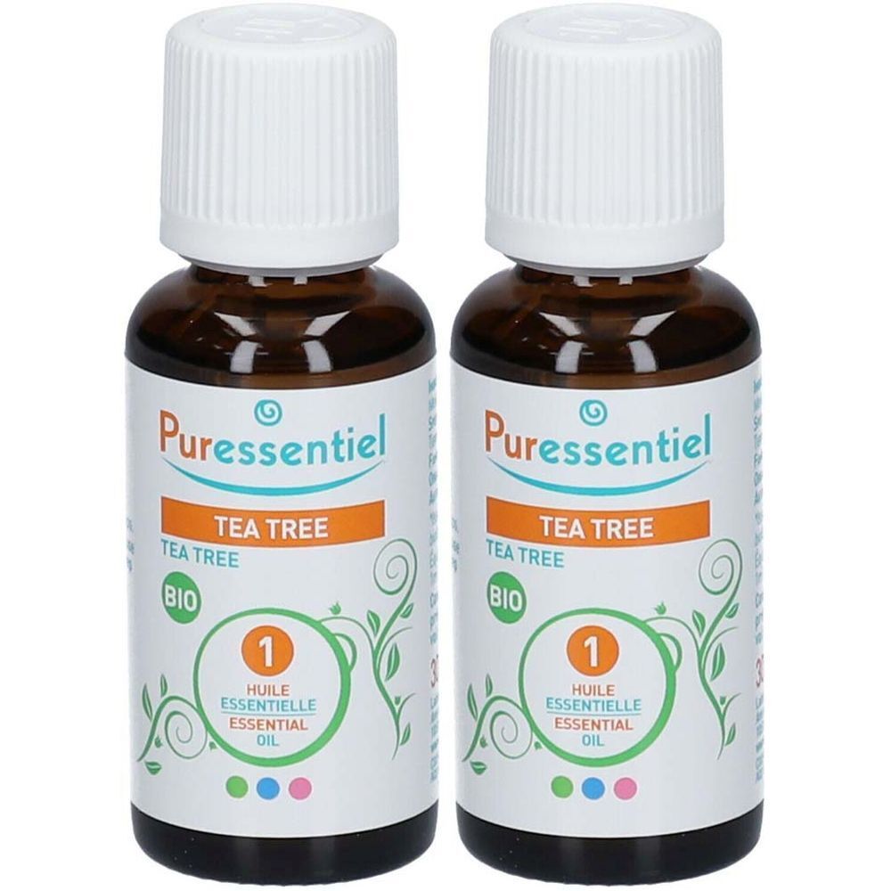 Zwei Flaschen mit weißem Deckel und braunem Glas. Aufschrift: Puressentiel, Tea Tree, BIO. Etikett mit grünen Blättern und der Zahl 1.