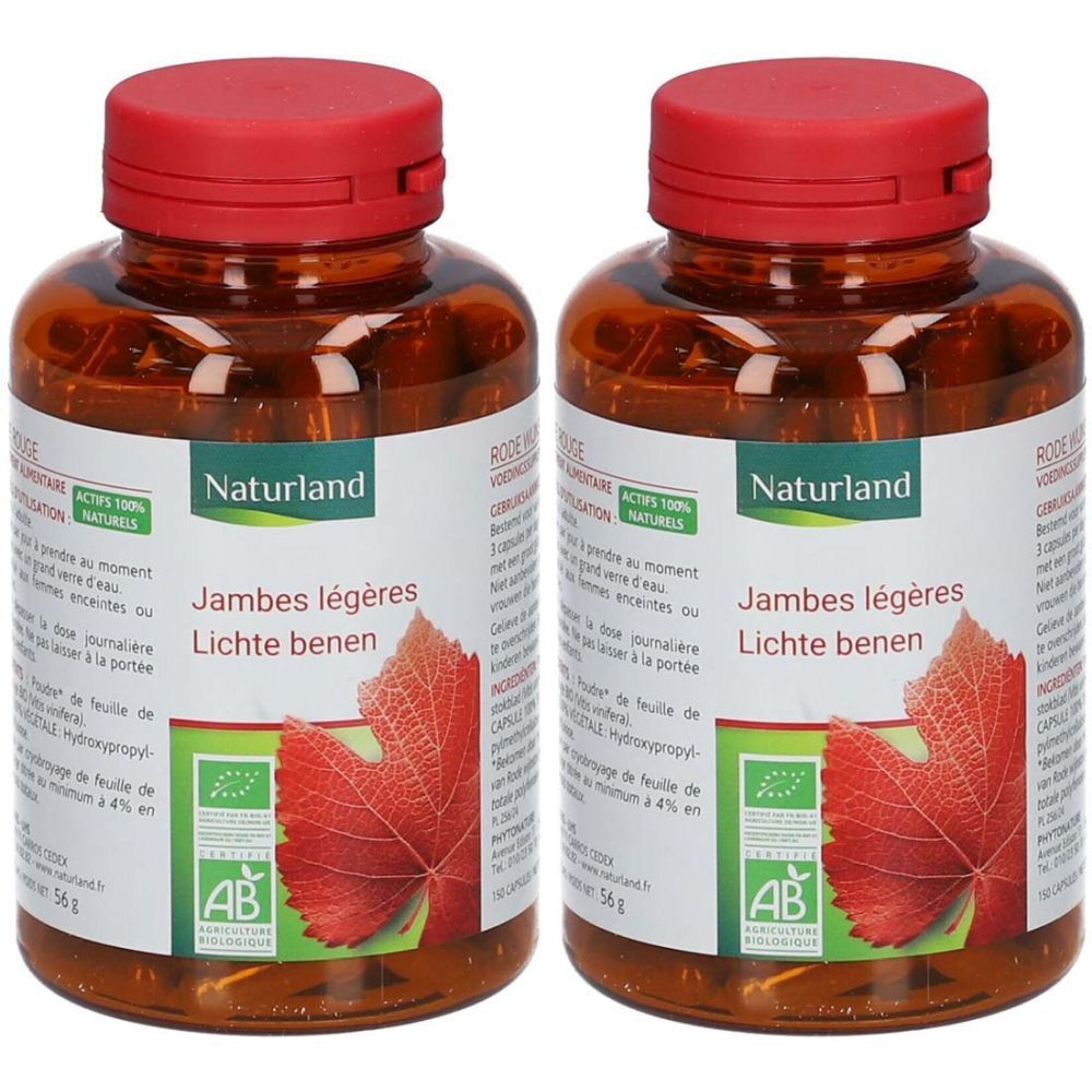 Zwei braune Flaschen mit roten Deckeln. Auf den Etiketten steht "Naturland", "Jambes légères Lichte benen" und ein rotes Blatt.