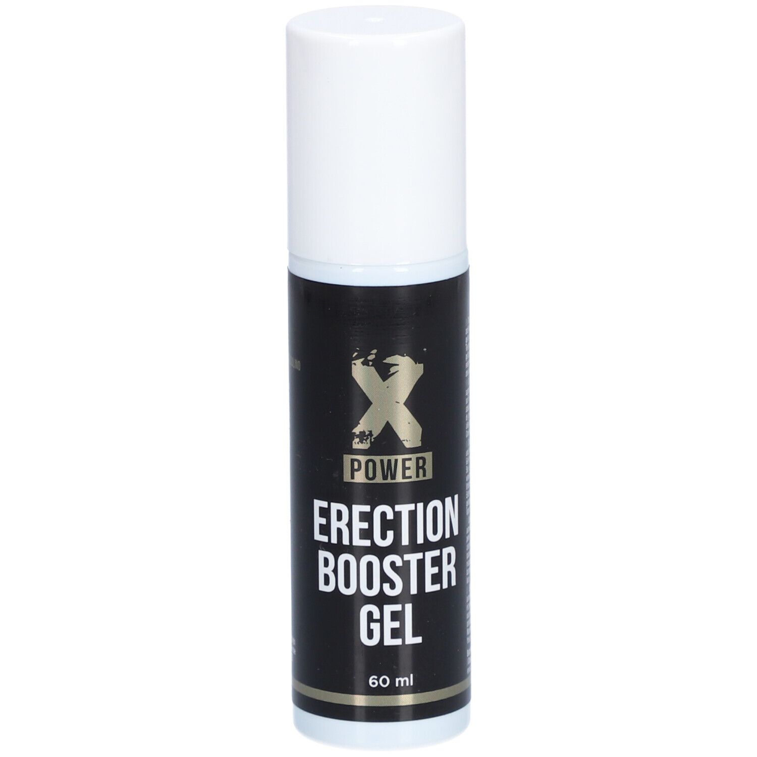Zylindrische Flasche mit weißem Deckel. Schwarzes Etikett mit "XPOWER ERECTION BOOSTER GEL". Unten "60 ml".