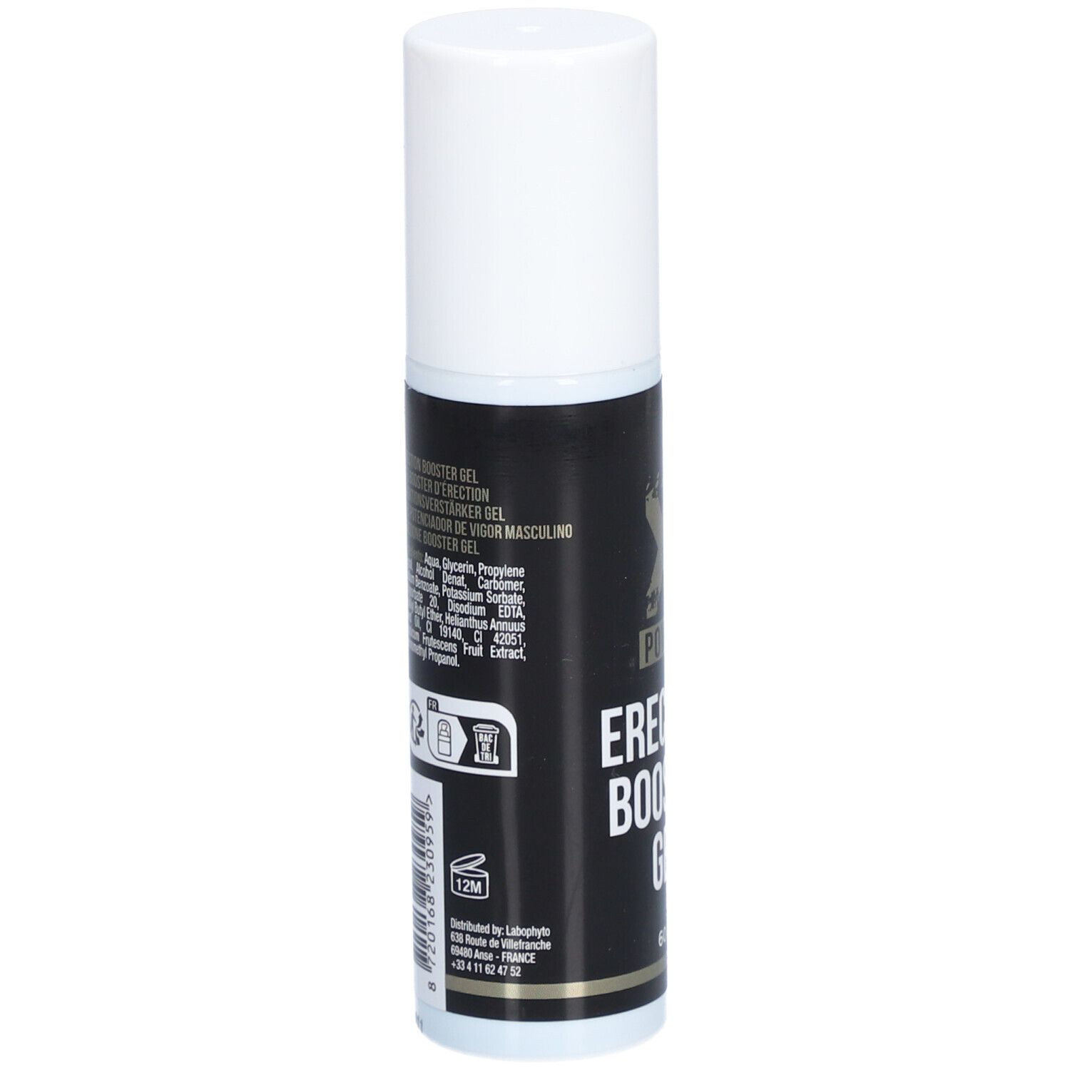 Zylindrische Flasche, weißer Deckel. Schwarzes Etikett mit Text und Inhaltsstoffen. "ERECTION BOOSTER GEL".