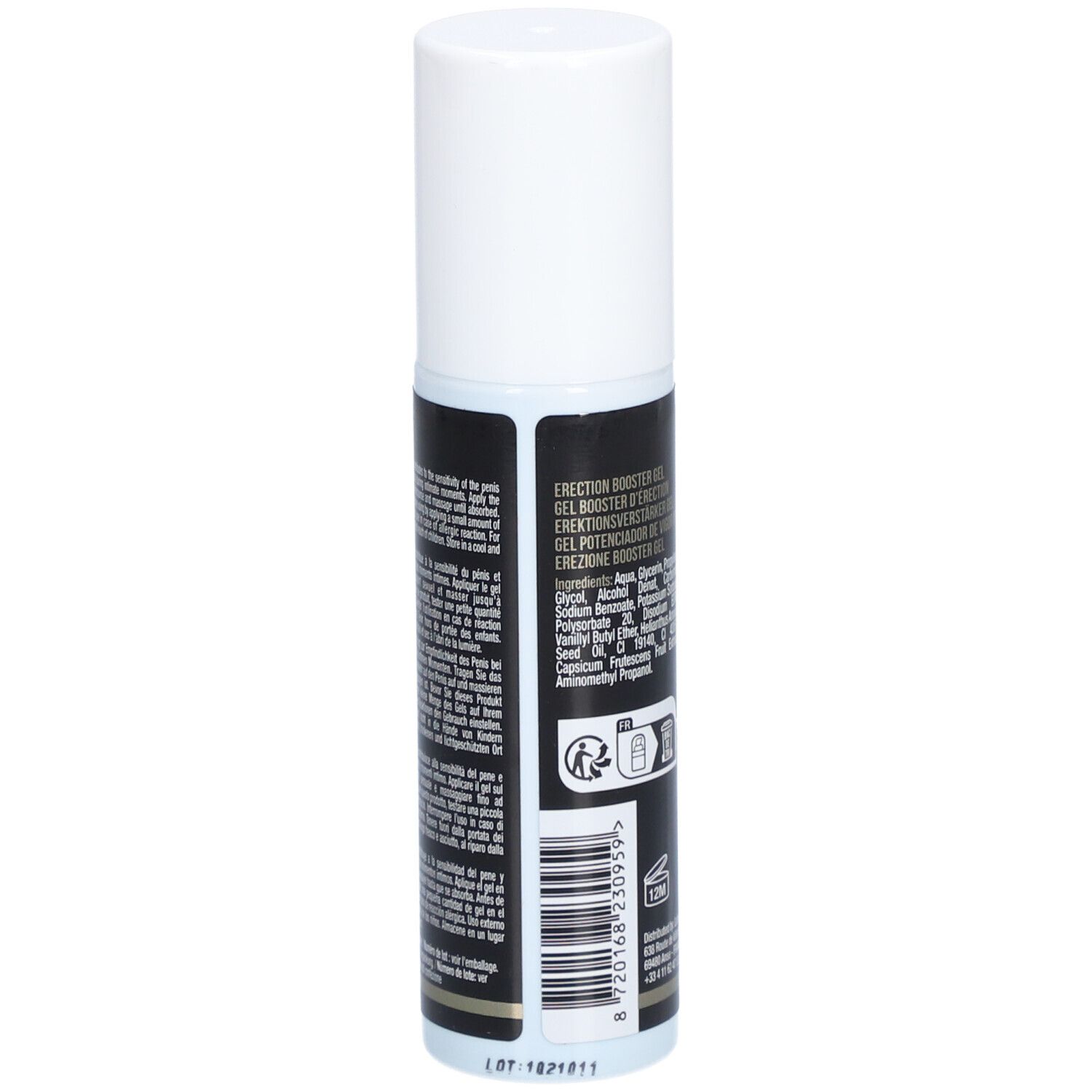 Zylindrische Flasche, weißer Deckel. Schwarzes Etikett mit Text und Barcode. "ERECTION BOOSTER GEL".