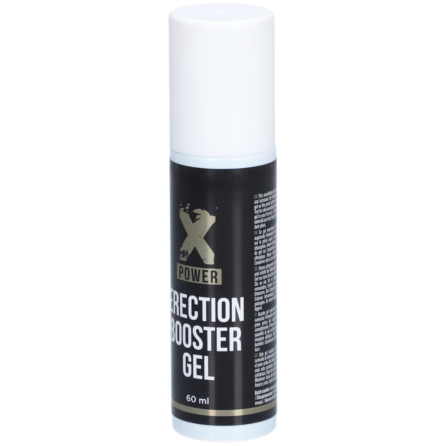 Zylindrische Flasche, weißer Deckel. Schwarzes Etikett mit Text. "XPOWER ERECTION BOOSTER GEL". Unten "60 ml".