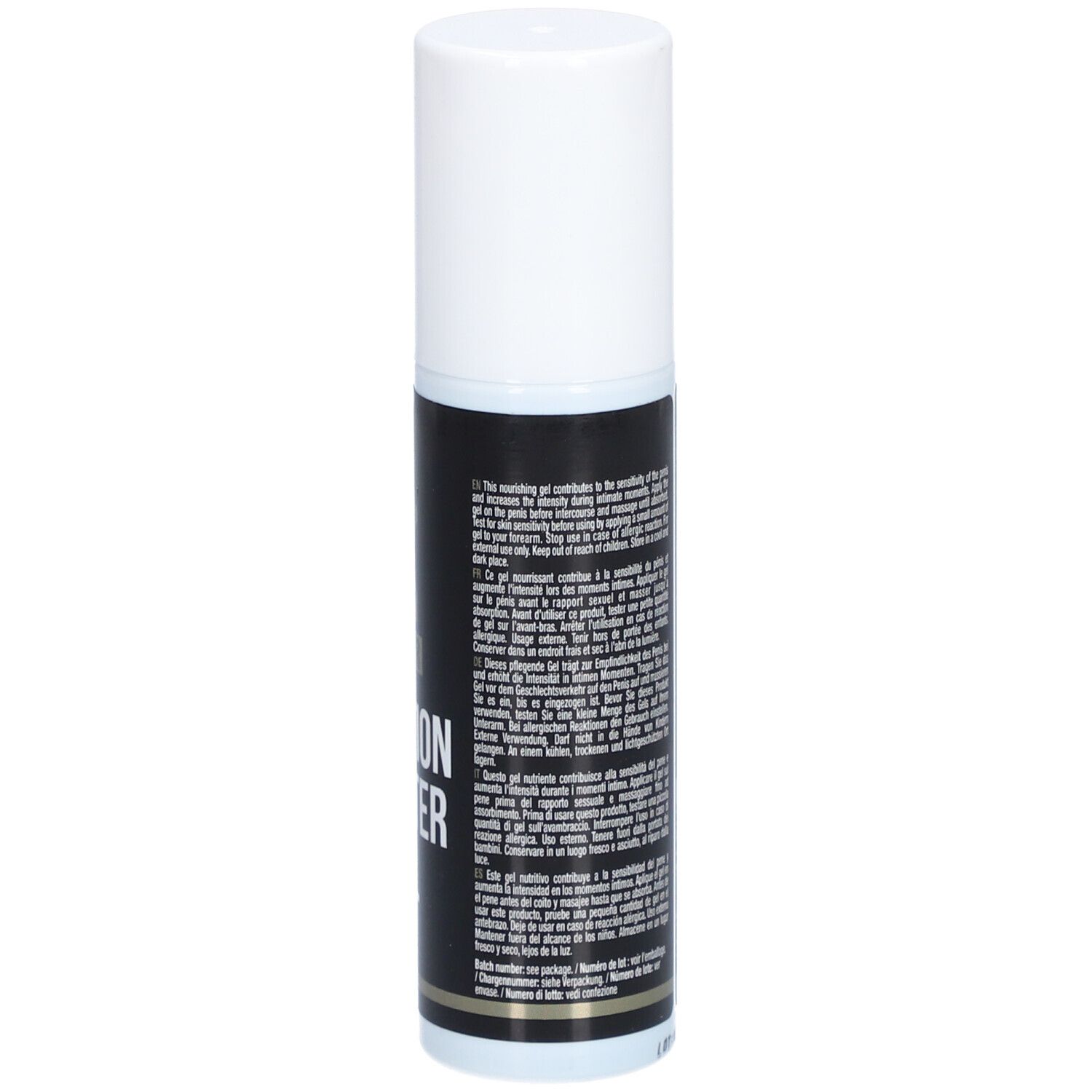 Zylindrische Flasche, weißer Deckel. Schwarzes Etikett mit Text. "ERECTION BOOSTER GEL".