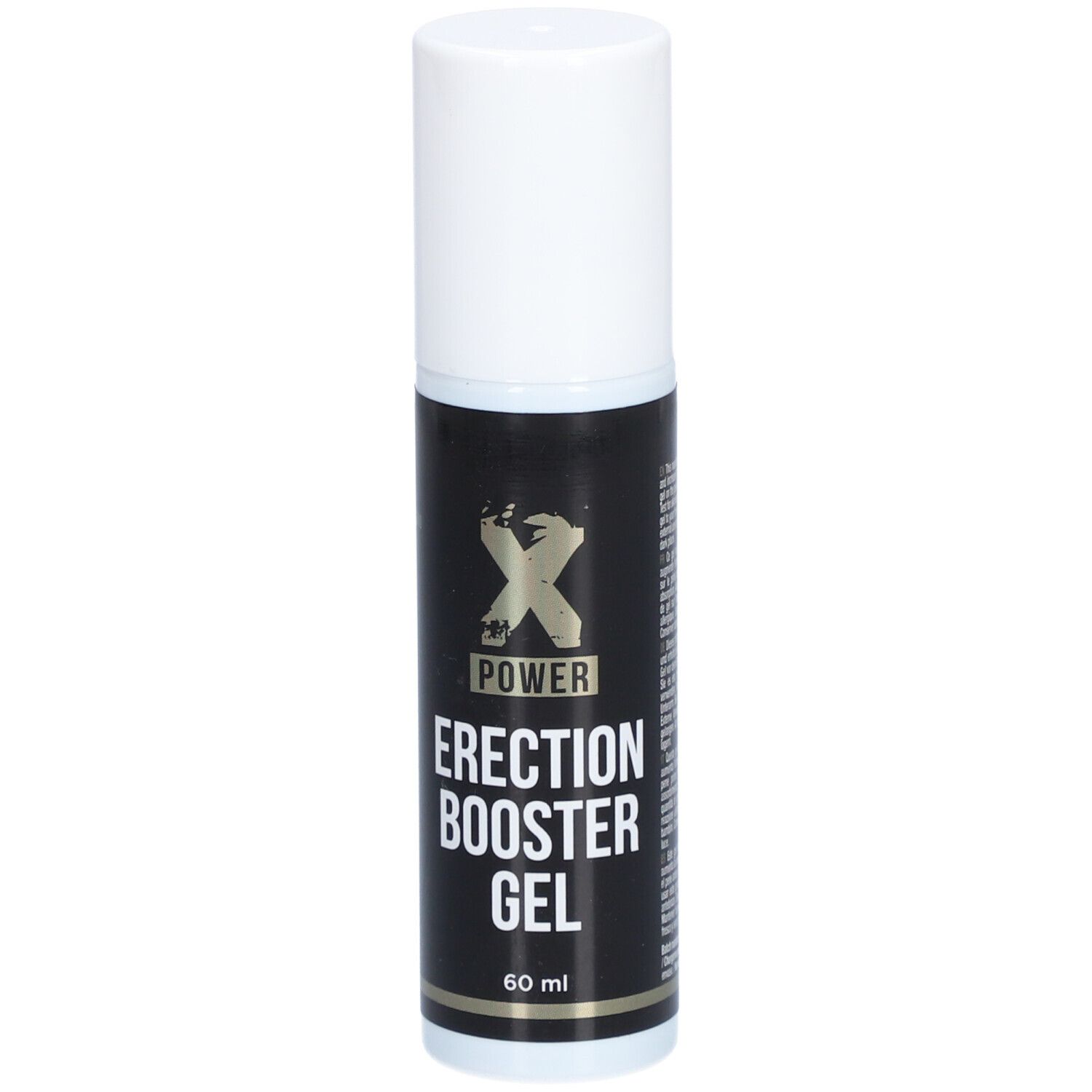 Zylindrische Flasche mit weißem Deckel. Schwarzes Etikett mit "XPOWER ERECTION BOOSTER GEL". Unten "60 ml".