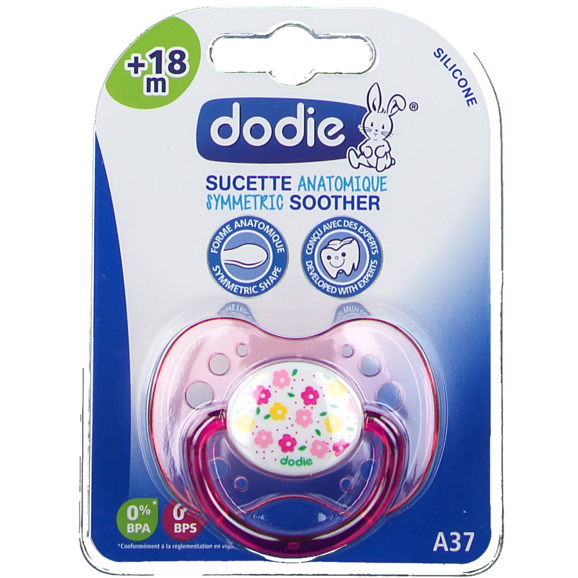 Rosa Schnuller in Blisterverpackung. Mit Blumenmuster und der Aufschrift "dodie". Geeignet für Kinder ab 18 Monaten.