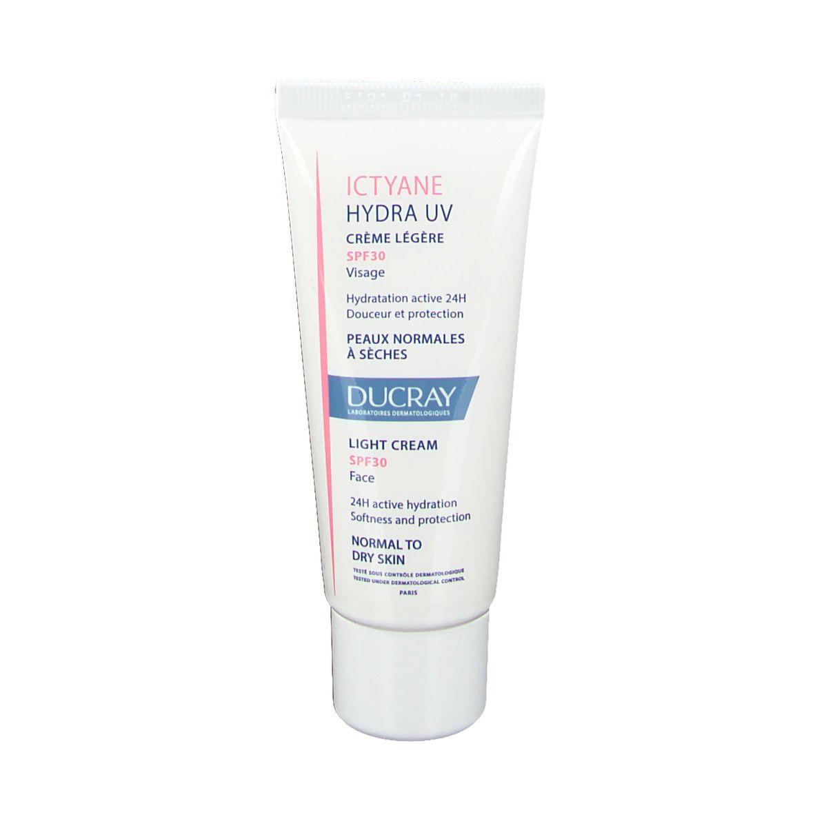 Tube blanc avec texte rose et bleu. Contient Ictyane Hydra UV Crème Légère SPF30. Marque Ducray.