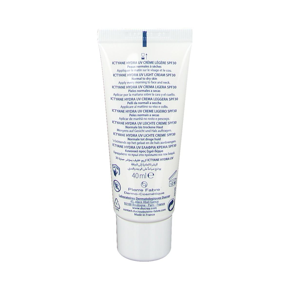 Dos d'un tube blanc. Texte multilingue. Contient Ictyane Hydra UV Crème Légère SPF30. 40ml.