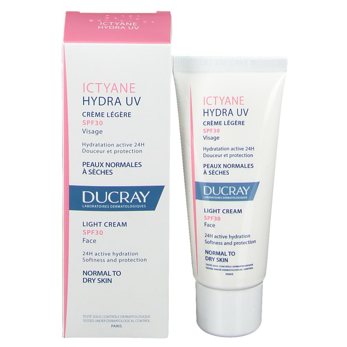 Emballage carton avec Ictyane Hydra UV Crème Légère SPF30. Texte rose et bleu. Marque Ducray.