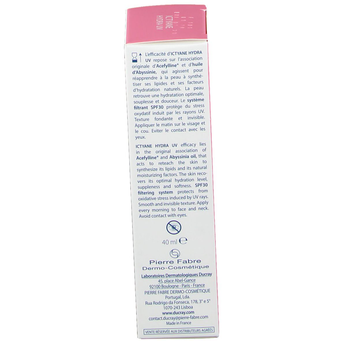 Emballage carton avec Ictyane Hydra UV Crème Légère SPF30. Texte rose et bleu. Marque Ducray.
