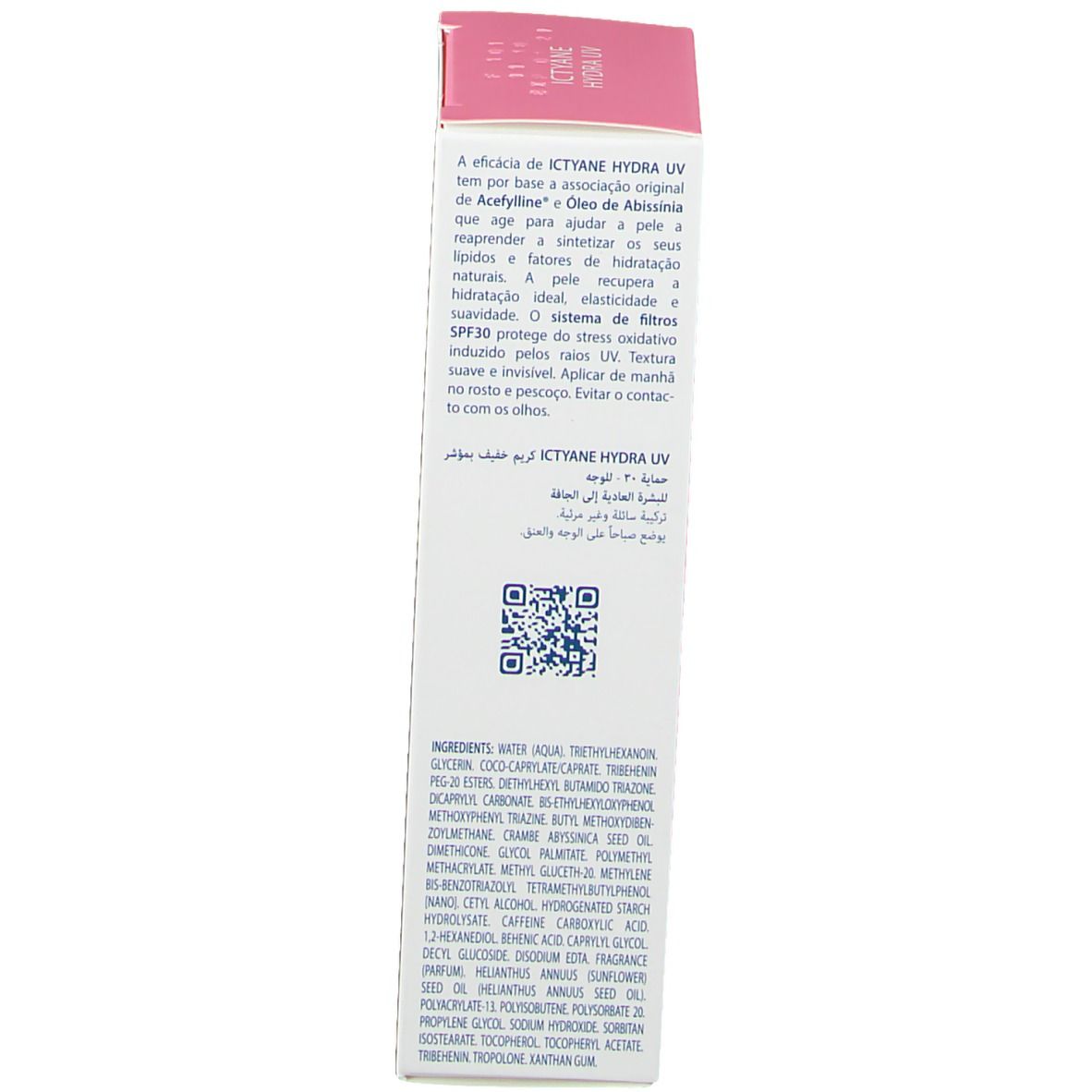 Emballage carton avec Ictyane Hydra UV Crème Légère SPF30. Texte rose et bleu. Marque Ducray.