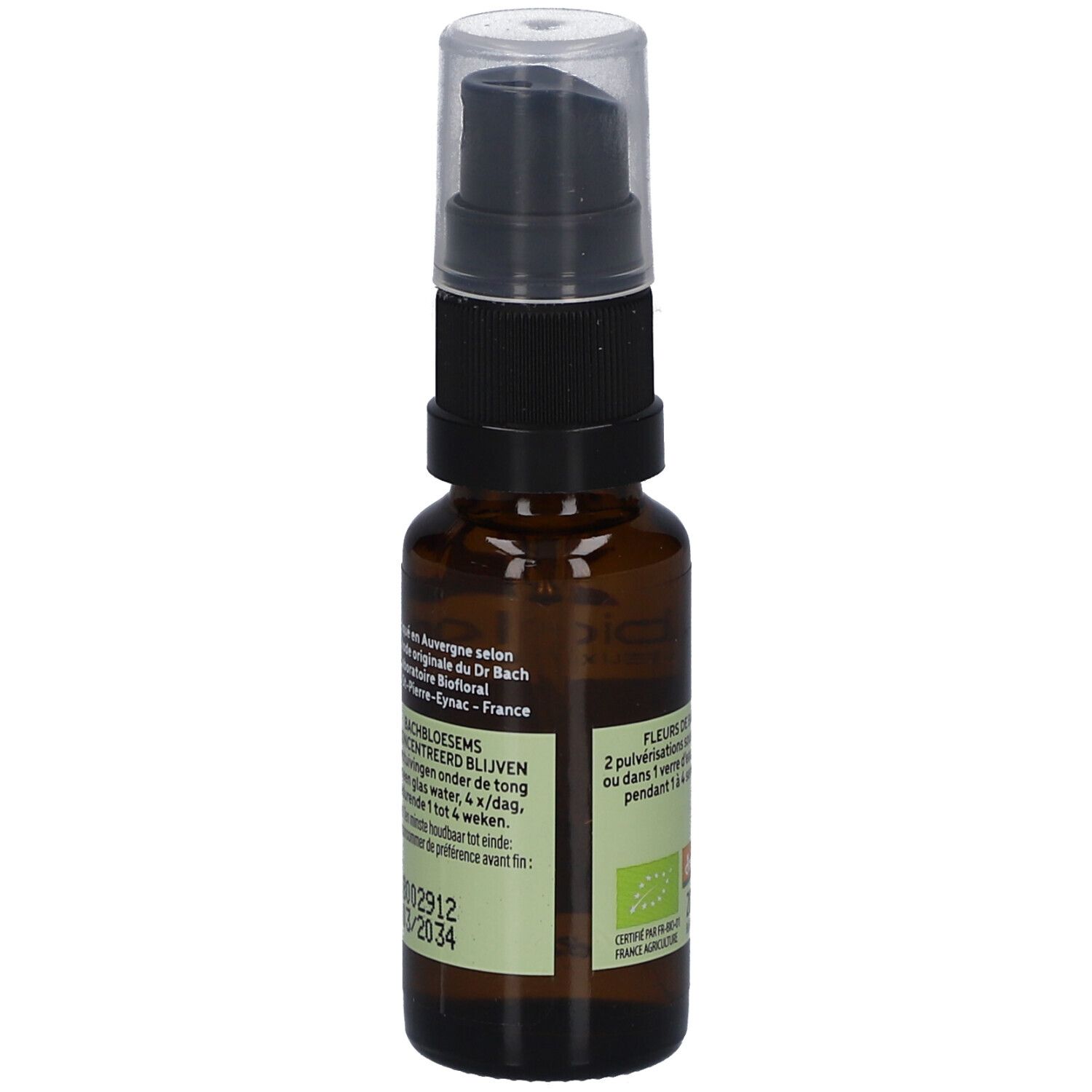 Braune Glasflasche mit schwarzem Sprühkopf. Aufschrift: BIOFLORAL, Fleurs de Bach, Informationen in Französisch und Niederländisch.