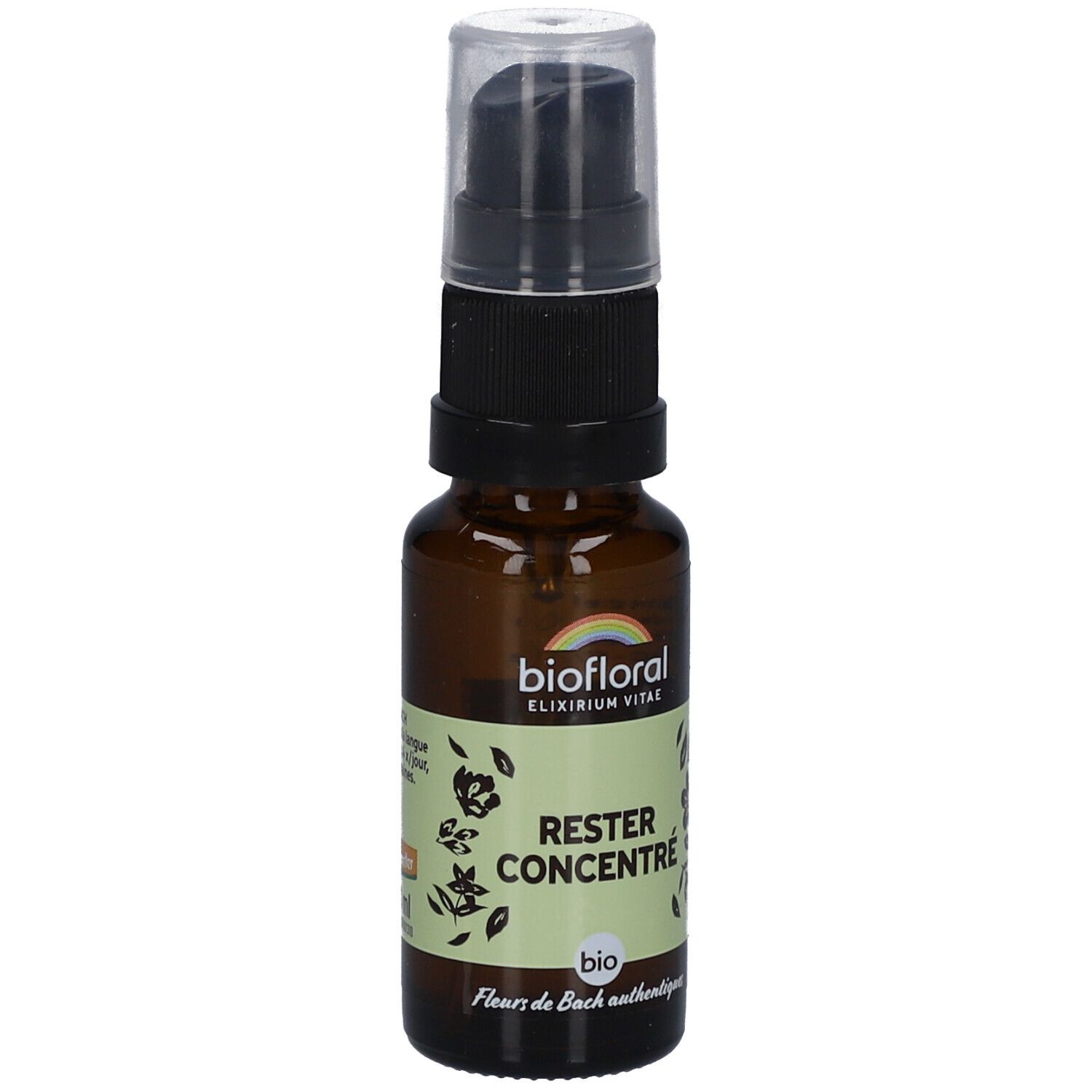 Braune Glasflasche mit schwarzem Sprühkopf. Aufschrift: BIOFLORAL, RESTRE CONCENTRÉ, bio, Fleurs de Bach authentiques.