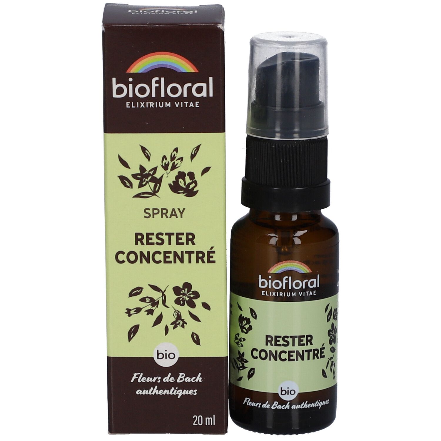 Produkt mit Verpackung. Braune Glasflasche mit schwarzem Sprühkopf und Karton. Aufschrift: BIOFLORAL, RESTRE CONCENTRÉ, 20 ml.