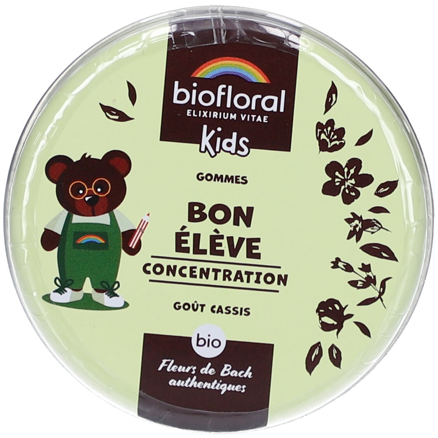 Boîte ronde "BIOFLORAL Kids Bon Élève". Ours avec lunettes et crayon. "Concentration" et "Gout Cassis". Label bio.