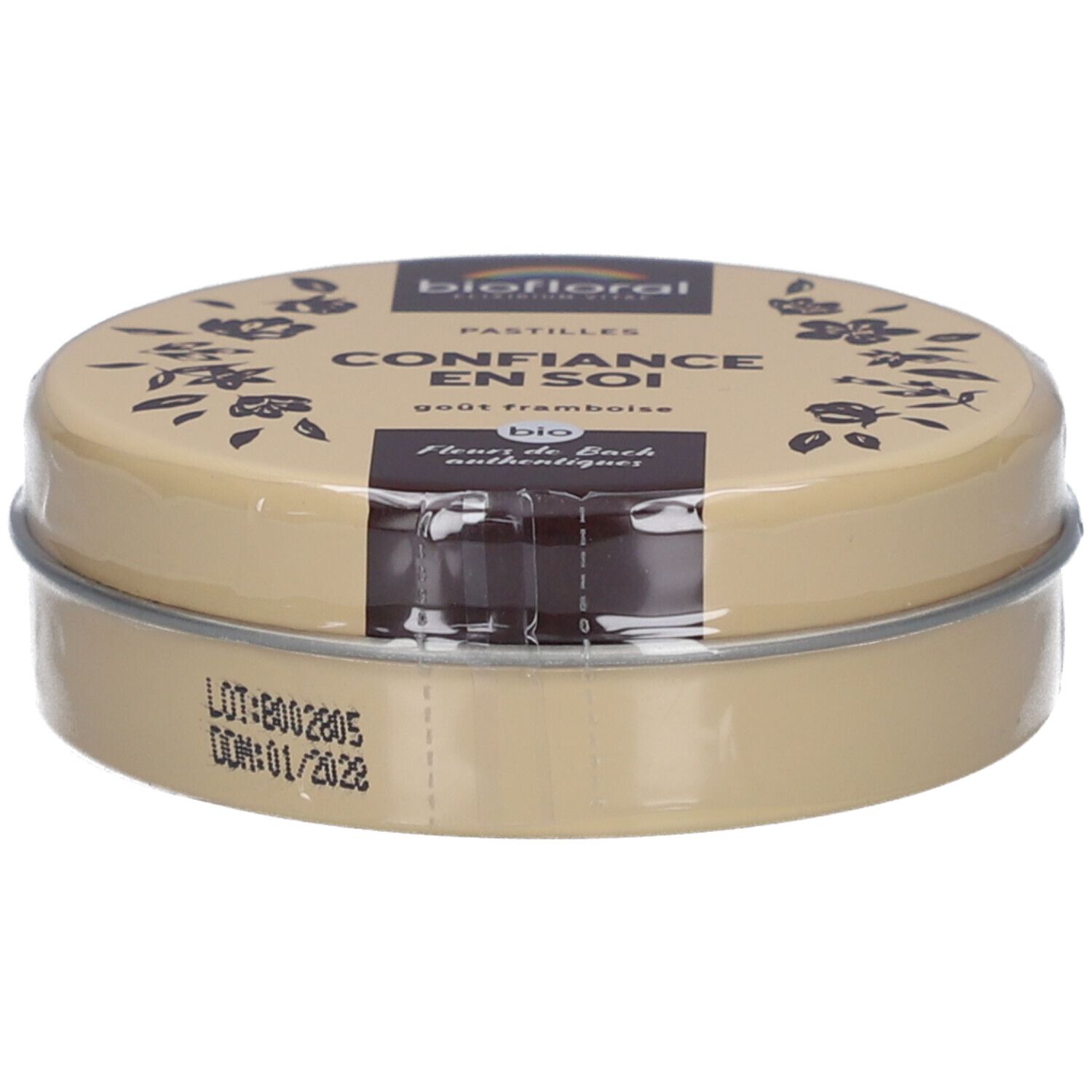Boîte ronde BIOFLORAL Confiance En Soi Pastilles. Boîte beige avec couvercle, film transparent. Inscription BIO.