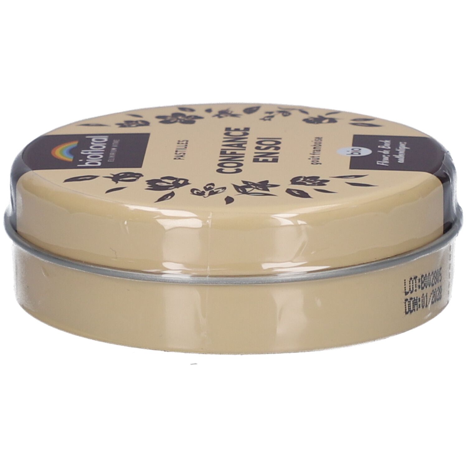 Boîte ronde BIOFLORAL Confiance En Soi Pastilles. Boîte beige avec couvercle, film transparent. Inscription BIO.