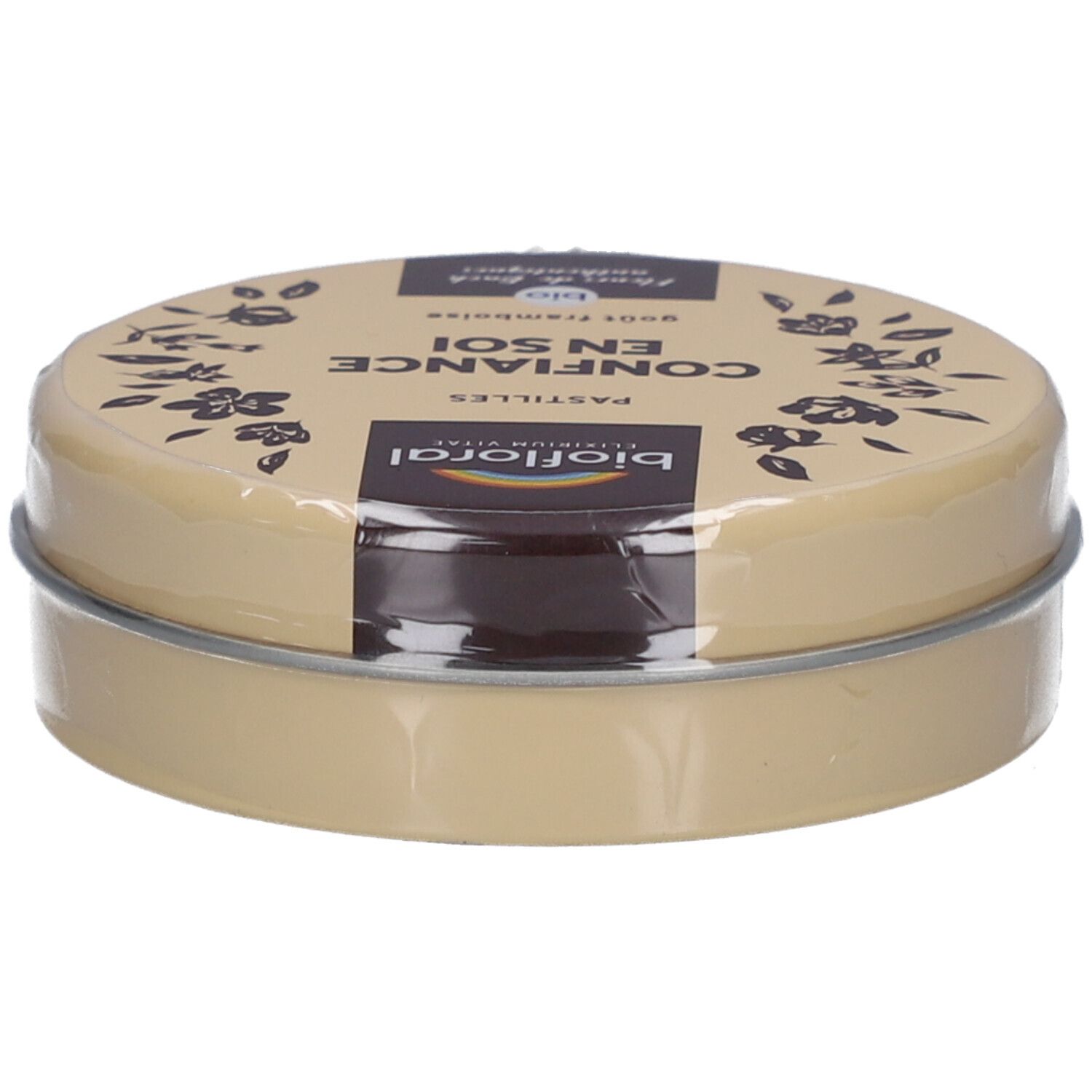 Boîte ronde BIOFLORAL Confiance En Soi Pastilles. Boîte beige avec couvercle, film transparent. Inscription BIO.