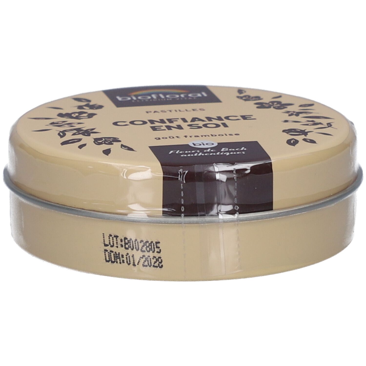 Boîte ronde BIOFLORAL Confiance En Soi Pastilles. Boîte beige avec couvercle, film transparent. Inscription BIO.