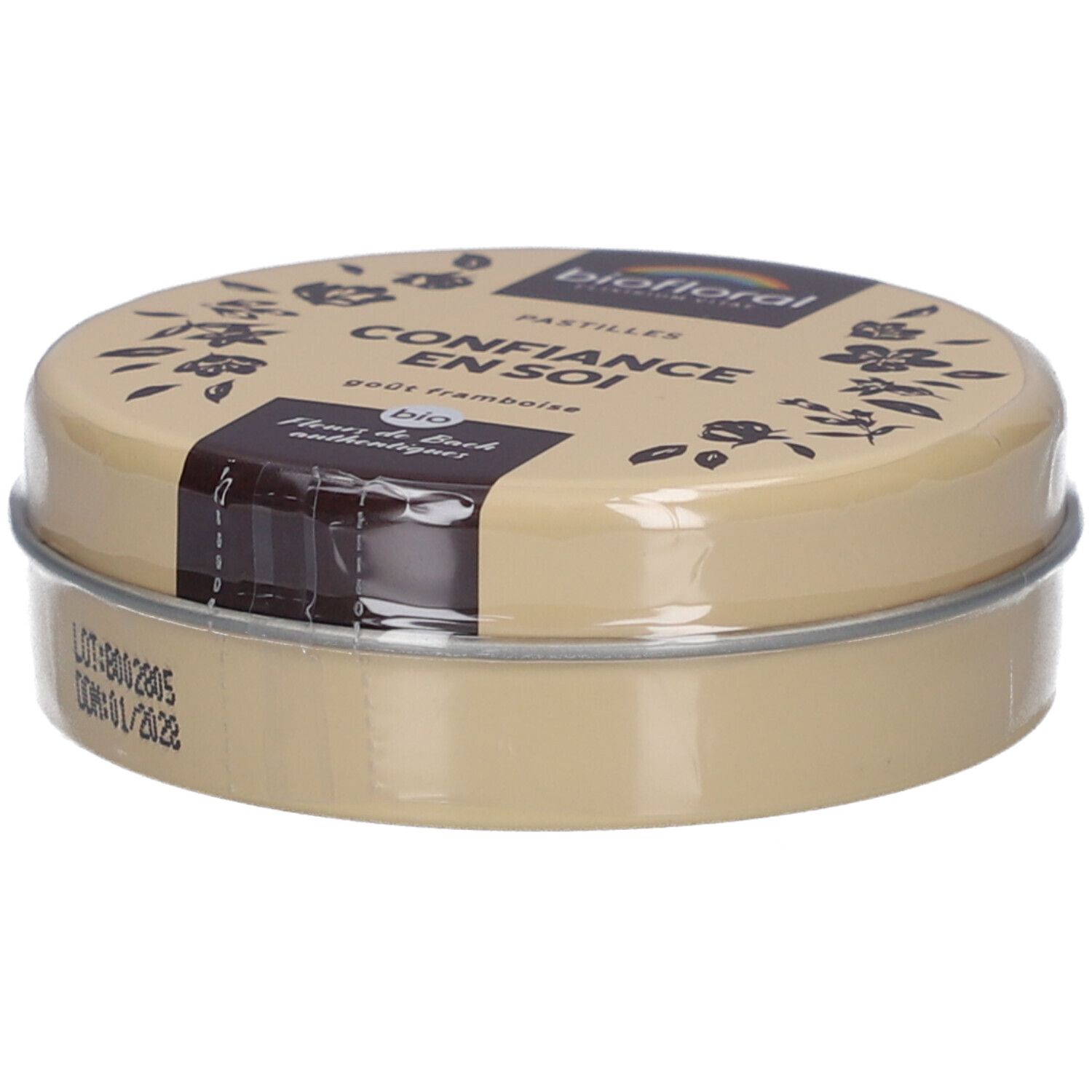 Boîte ronde BIOFLORAL Confiance En Soi Pastilles. Boîte beige avec couvercle, film transparent. Inscription BIO.