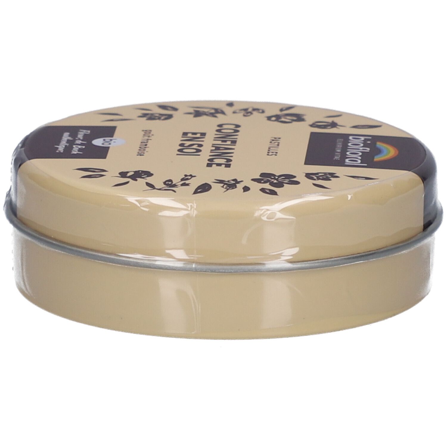 Boîte ronde BIOFLORAL Confiance En Soi Pastilles. Boîte beige avec couvercle, film transparent. Inscription BIO.