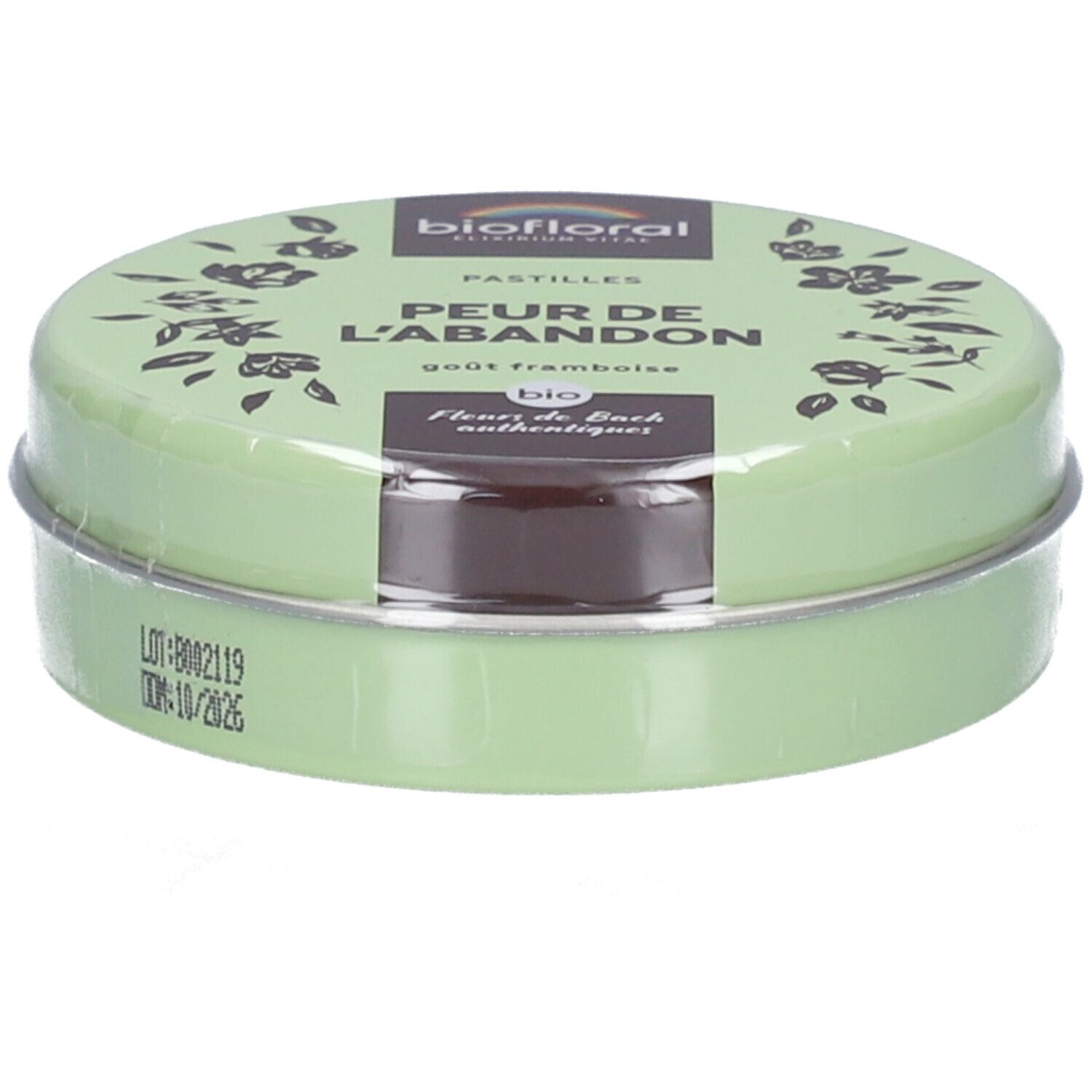Runde, grüne Dose mit Pastillen. Aufschrift: BIOFLORAL, Peur de l'Abandon, goût framboise. MHD: 10/2026.